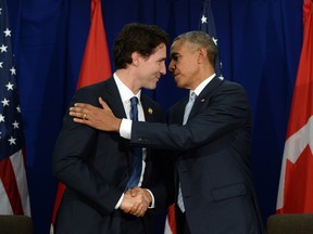 Canadian Prime Minister Justin Trudeau, left, takes part in a bilateral meeting with U.S. President Barack Obama at the APEC Summit in Manila, Philippines on Thursday, November 19, 2015. THE CANADIAN PRESS/Sean Kilpatrick
