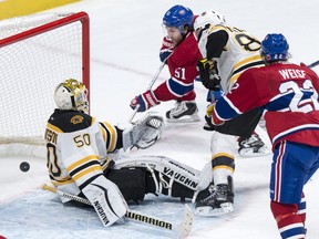 Canadiens' David Desharnais buries what would be the game-winning goal on Nov. 7, 2015 past Boston Bruins goalie Jonas Gustavsson.