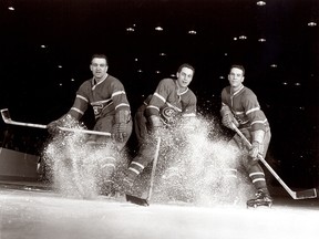 The Canadiens' 1950s line of Bernie Geoffrion (left), Jean Béliveau (centre) and Bert Olmstead.