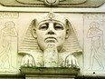 An architectural detail of Cinema V's Egyptian facade.