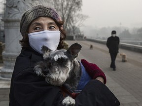 A Chinese woman wears a mask during a day of heavy pollution Nov. 30, 201, in Beijing, China. China's capital and many cities in the northern part of the country recorded the worst smog of the year.