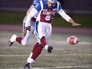 Montreal Alouettes' Boris Bede (8) kicks against Ottawa Redblacks during second quarter of a CFL exhibition game Saturday, June 13, 2015 in Quebec City. Coach Tom Higgins won't say who his kicker will be when the Montreal Alouettes open the CFL season against the visiting Ottawa Redblacks, but all signs point to import Bede making his league debut ahead of veteran Sean Whyte. That would make one more change on the club's revamped special teams.