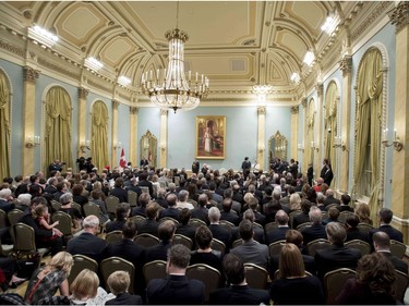 Guests look on as Canadian Prime Minister Justin Trudeau is was sworn in as Prime Minister at Rideau Hall in Ottawa on November 4, 2015.