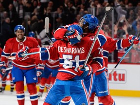 David Desharnais celebrates his overtime goal against the Vancouver Canucks at the Bell Centre on Nov. 16, 2015.