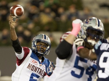 Montreal Alouettes quarterback Kevin Glenn (5) throws during first half of CFL football action against the Toronto Argonauts in Hamilton, Ontario on Friday, October 23, 2015.