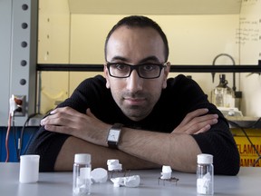 Concordia University postdoctoral fellow Ehsan Rezabeigi with sam- ples of materials that mimic many of the properties of the body’s own cells and tissues.