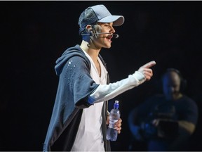 Canadian pop star Justin Bieber on stage during a concert on 29 October, 2015 in Oslo, Norway.