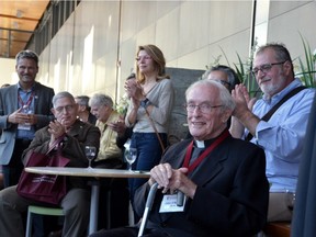 File photo: Father O'Brien (seated, at right), at the Department of Communication Studies' 50th anniversary celebration on Loyola Campus, Sept. 26, 2015. Father O'Brien, who founded Concordia University's communications studies department, died Saturday at his home in Pickering, Ont. at the age of 91.