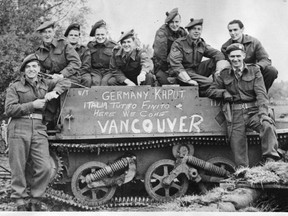 Happy Vancouver soldiers painted "Germany Kaput. Here we come Vancouver" on hearing of the end of the second World War. Members of the Seaforth Highlanders of Canada. The regiment was formed in 1910 and served overseas in both World War I and World War II.