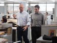 Michael Keaton, left, as Walter "Robby" Robinson and Mark Ruffalo as Michael Rezendes, in a scene from the film, Spotlight.
