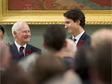 Prime Minister Justin Trudeau stands with Governor General David Johnston after being sworn in as Prime Minister at Rideau Hall in Ottawa on Wednesday, Nov. 4, 2015.