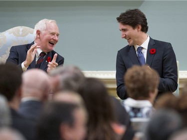 Governor General David Johnston shares a laugh with Prime Minister Justin Trudeau after he was sworn in as prime minister at Rideau Hall in Ottawa on Wednesday, Nov. 4, 2015.