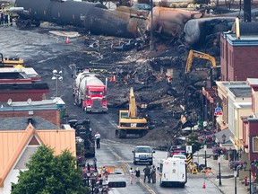A scene of the devastation in downtown Lac-Mégantic, after a runaway train with oil-filled tankers derailed on July 6, 2013 in the small community, killing 47.