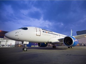 A Bombardier CSeries plane freshly out of the paint shop.