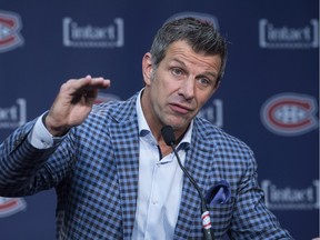 Canadiens general manager Marc Bergevin responds to a question during a news conference on May 15, 2015 at the Bell Sports Complex in Brossard.