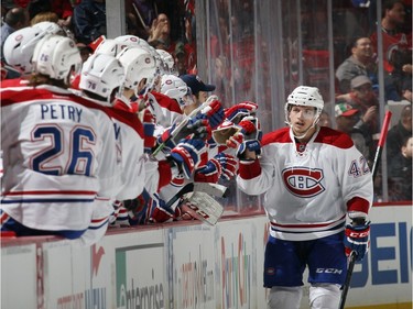 Sven Andrighetto #42 of the Montreal Canadiens celebrates his goal at 14:17 of the second period against the New Jersey Devils at the Prudential Center on November 27, 2015 in Newark, New Jersey.