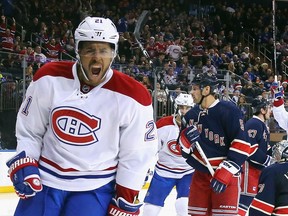 Canadiens' Devante Smith-Pelly of the celebrates his second goal of the game against the Rangers at 17 seconds of the third period at Madison Square Garden on November 25, 2015 in New York City.  The Canadiens defeated the Rangers 5-1.