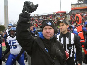 "I'd have no problems staying at the university level. It's a great job. It's one of the better jobs in all of Canada," says Carabins head coach Danny Maciocia, celebrating win over Guelph in the CIS Mitchell Bowl on Nov. 21, 2015.