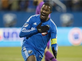 Impact captain Patrice Bernier celebrates after scoring against Toronto FC during MLS playoff game at Montreal's Saputo Stadium on Oct. 29, 2015.