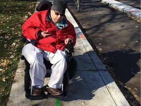 Laurent Morissette, an activist fighting to make the city more accessible, is upset with a plan to make the sidewalk on Brébeuf St. more narrow to accommodate a concrete barrier to separate bikes from parked cars. The city plans to make the sidewalk just 70 cm wide, represented by the green line.