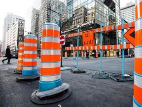 A view of municipal road works at  Peel St. and de Maisonneuve Blvd. in November 2015.