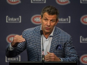 Canadiens general manager Marc Bergevin answers questions from the media at the Bell Sports Complexe in Brossard on May 15, 2015.