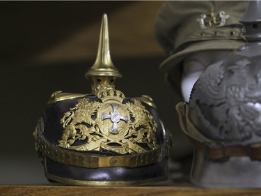 A German helmet from World War 1 on display at the Canadian Centre for the Great War, a private collection of first world war memorabilia owned by Mark Cahill, in Montreal Tuesday November 03, 2015.