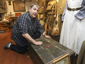 Mark Cahill talks about the restored trunk of Herbert Stanley Birkette, a doctor from McGill who served for Canada in World War 1, at his Canadian Centre for the Great War, his private collection of memorabilia from the First World War, in Montreal on Tuesday November 03, 2015.