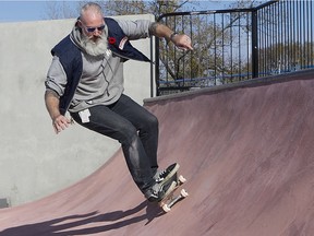 Verdun city councillor and longtime skateboarder Sterling Downey shows his style while using the new skateboarding park in Verdun on Wednesday Nov. 04, 2015.  The park is scheduled to open in a few weeks.