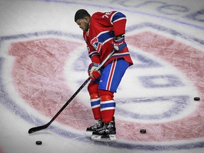 Canadiens defenceman P.K. Subban warms up before game against the New York Islanders at the Bell Centre in Montreal on Nov. 5, 2015.