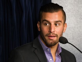 Boxer David Lemieux speaks during a press conference by Eye of the Tiger Management to announce the boxing series FightClub Series at the Metropolis in Montreal on Tuesday, November 10, 2015.