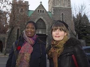 Author Bonnie Farmer, left, says illustrator Marie Lafrance "hit the nail on the head" with her depiction of Little Burgundy in Oscar Lives Next Door, including Union United Church, seen in the background.