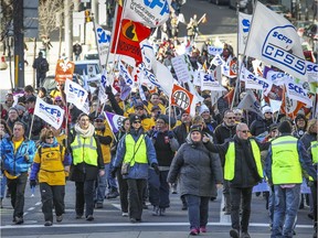 Thousands of public sector workers from Montreal and Laval demonstrate in downtown Montreal Tuesday November 17, 2015.