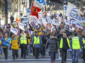 File photo: Thousands of public sector workers from Montreal and Laval demonstrate in the streets of Montreal on Nov. 17, 2015 on the second day of strike action during negotiations with the Quebec government.