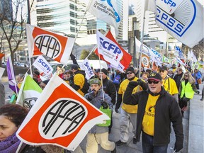 Thousands of public sector workers from Montreal and Laval demonstrate in the streets of Montreal Nov. 17, 2015.