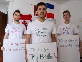 Four friends, left to right, in Montreal, on Wednesday, November 18, 2015, Matt Dajer, Ammar Kandil, Thomas Brag and Derin Emre, not seen here, posted a video on Youtube expressing unity following the attacks in Paris.