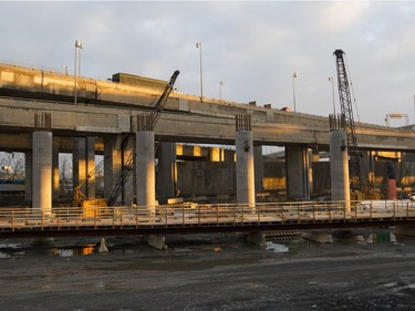 Concrete columns in place that will hold a section of road (lower part of photo) at the Turcot construction site in Montreal.