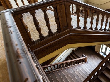 Olivier Leclerc, president of Gestion M & O, plans to convert  the Château Maplewood, formally known as Soeurs Des Saints Noms Jesus convent/private school into luxury condos.  The main staircase is still in excellent condition. (Dave Sidaway / MONTREAL GAZETTE)