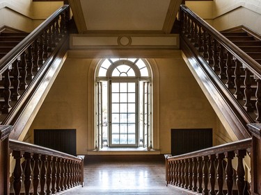 Olivier Leclerc, president of Gestion M & O, plans to convert  the Château Maplewood, formally known as Soeurs Des Saints Noms Jesus convent/private school into luxury condos.  The main staircase is still in excellent condition. (Dave Sidaway / MONTREAL GAZETTE)