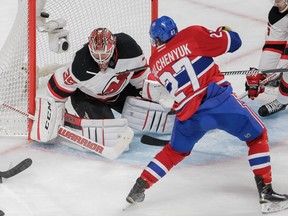 Canadiens' forward Alex Galchenyuk, scoring on Devils' Cory Schneider on Nov. 28, comes into game against Blue Jackets with a five-game point streak.