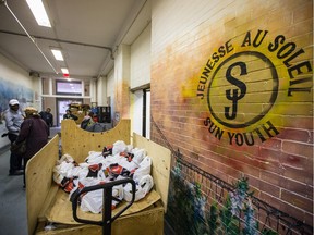 Bags of food donations at the Sun Youth food bank in Montreal on Monday, November 3, 2014.