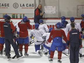 Canadiens coach Michel Therrien and his team during a practice on Wednesday at Bell Sports Complex in Brossard as Canadiens prepare to face the New York Islanders Thursday night at the Bell Centre.