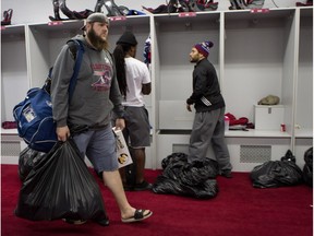 Alouettes tackle Jeff Perrett leaves after clearing out his locker on Nov. 9, 2015.