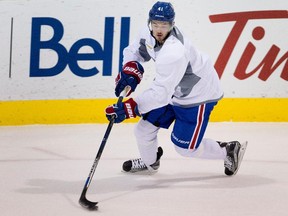 Canadiens' Paul Byron runs through drills during team practice at the Bell Sports Complex in Montreal on Friday Oct. 9, 2015.
