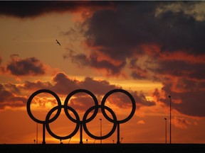 Olympic rings in Sochi at sunset, Nov. 12, 2015.