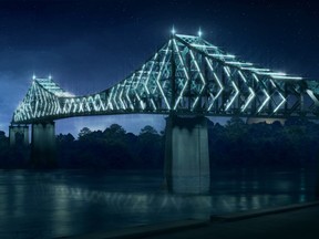 Preliminary conceptual image of the illumination of the Jacques-Cartier bridge, a project designed to celebrate Montreal's 375th anniversary and the 150th anniversary of Confederation in 2017.