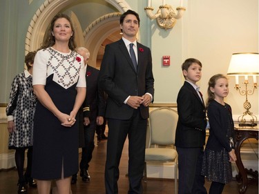 Prime Minister-designate Justin Trudeau, his wife Sophie Gregoire-Trudeau and their children Xavier and Ella-Grace arrive at Rideau Hall for a swearing-in ceremony in Ottawa on Wednesday, Nov. 4, 2015.