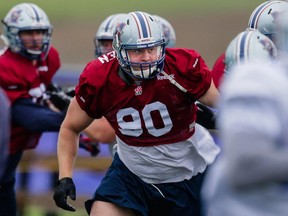 Michael Klassen takes part in the Montreal Alouettes training camp at Bishop's University in Lennoxville on Sunday, May 31, 2015.