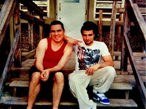 Luka Magnotta, Canada's most notorious sex killer, left, is all smiles and he hangs out on wood steps at Archambault Institution in Quebec with Jonathan Lafrance-Rivard. Lafrance-Rivard is serving 40 months for having sex with girls as young as 12 years old.
