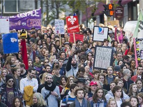 Various student groups participate in a demonstration in Montreal, Thursday, November 5, 2015, where they protested against ongoing austerity cuts by the Quebec government.